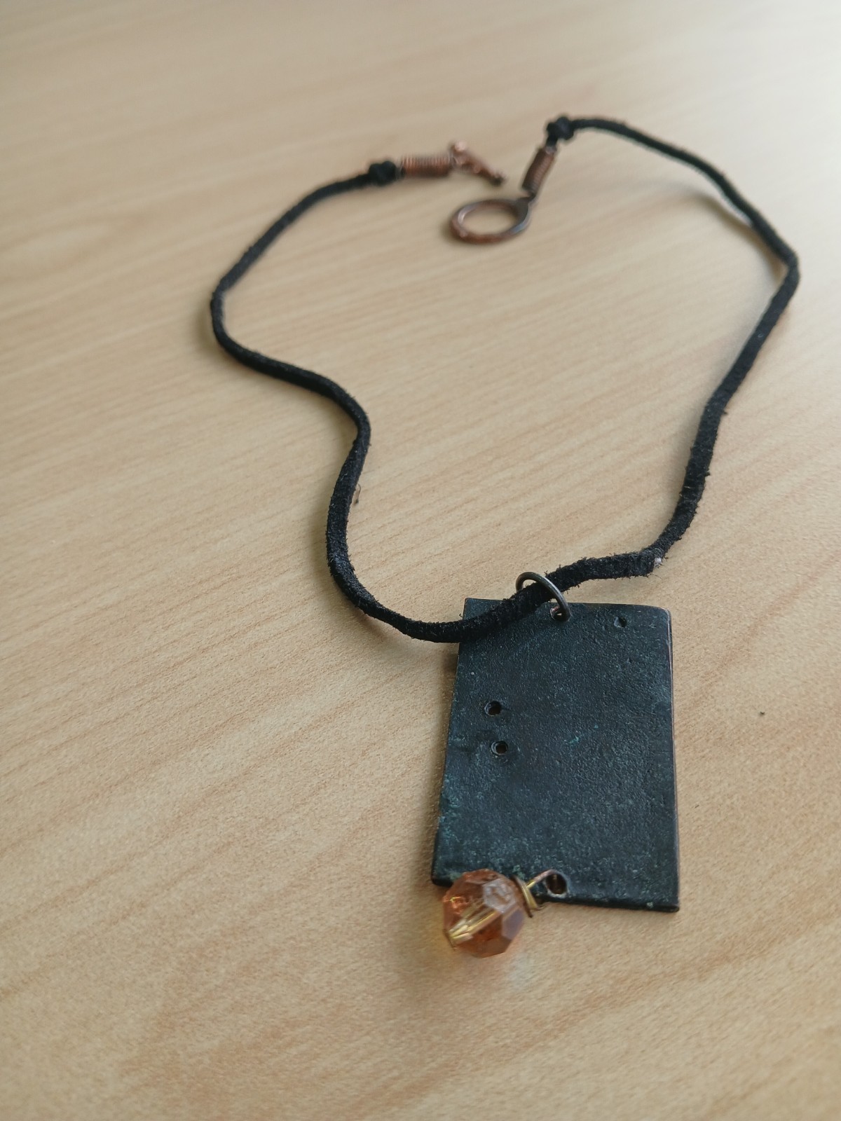 Black Cord Pendant Necklace Rectangle Charm Amber Round Glass Bead Lobster