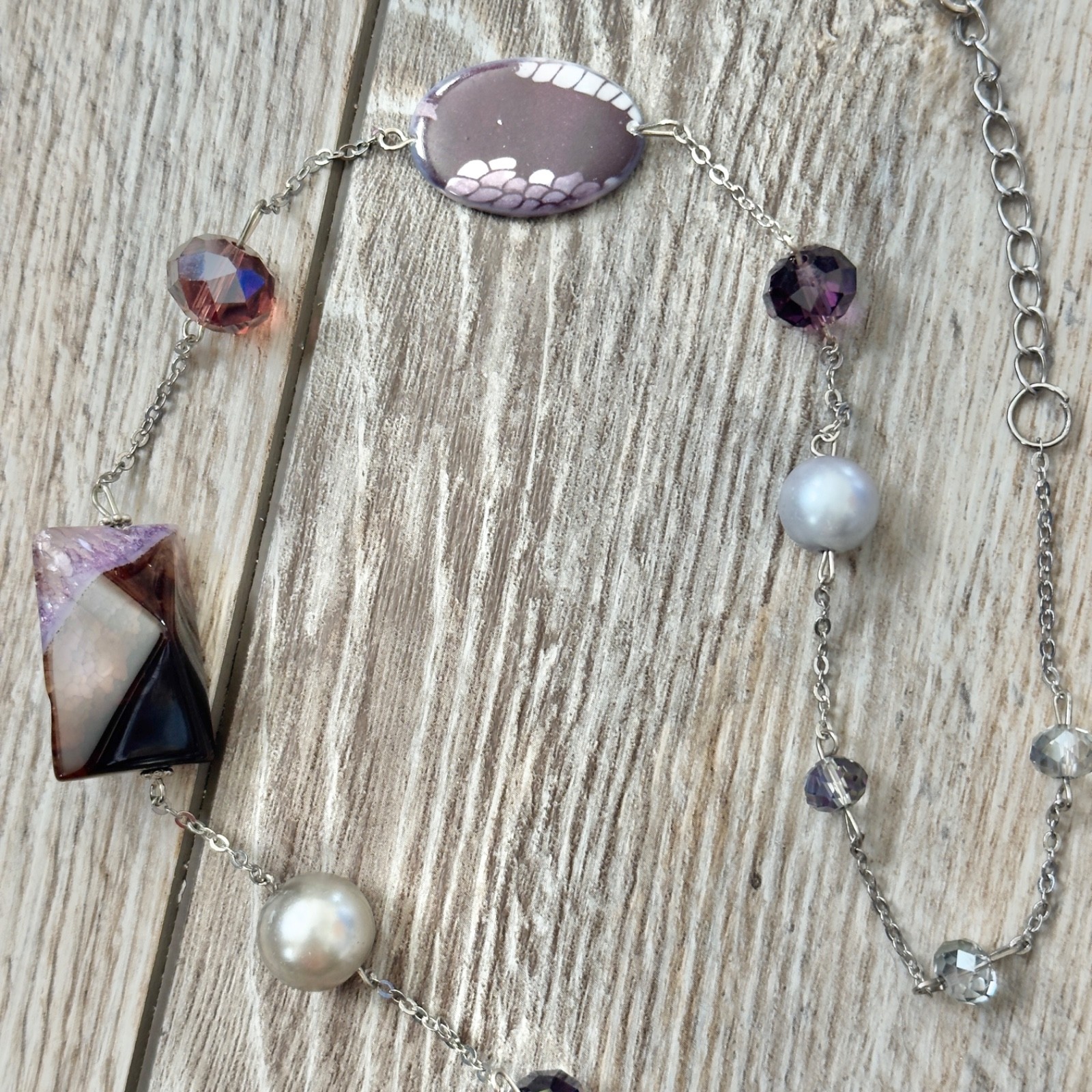 Mixed Materials Beaded Chain Necklace Stone Glass Plastic Faux Pearl Silver Tone