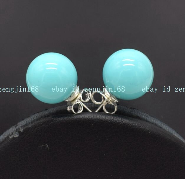 Charming 10mm Turquoise Blue Shell Pearl Round Gemstone Necklace Earrings 18″