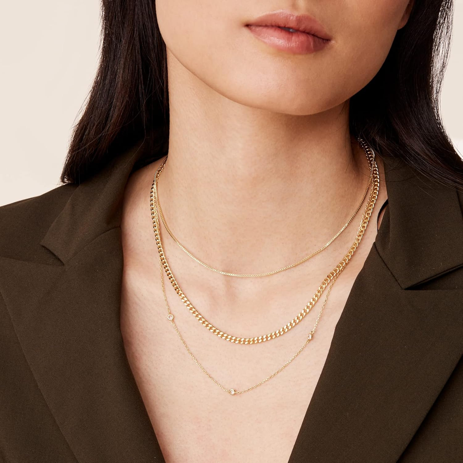 14K Gold Plated Dainty Layering Necklaces for Women | Snake Chain, Curb Link, Pa