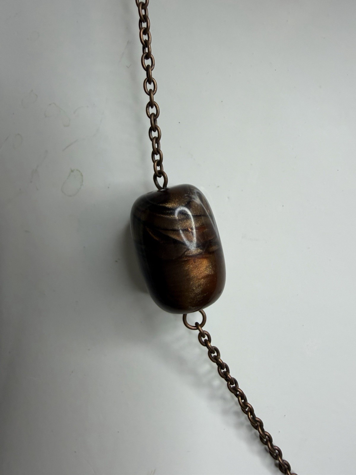 Art Glass Bead Necklace Bronze Brown Swirl Beads Copper Tone Chain Modern Artisa