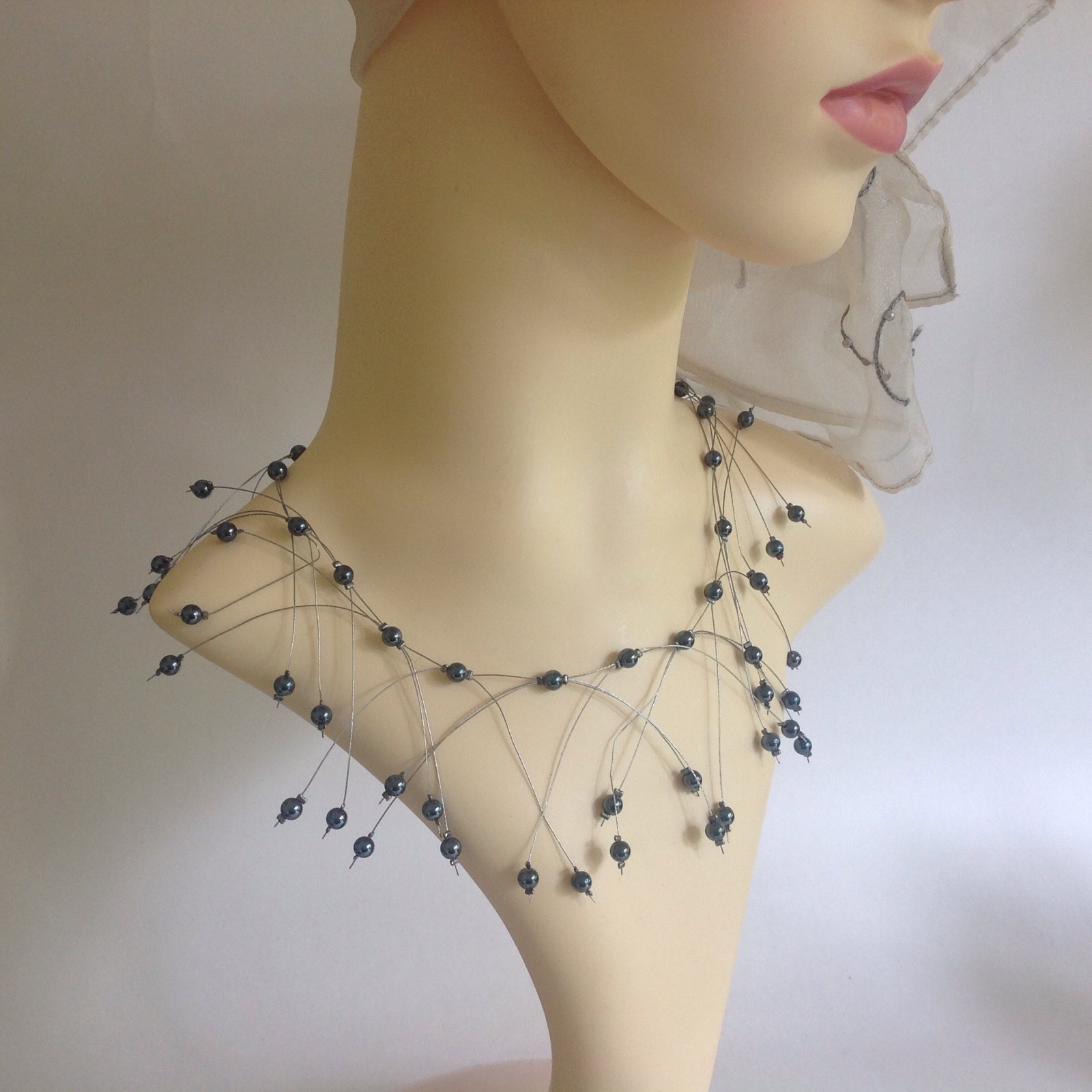 Handmade Delicate 16 Inch Necklace With Glass Pewter Beads And Steel Wire