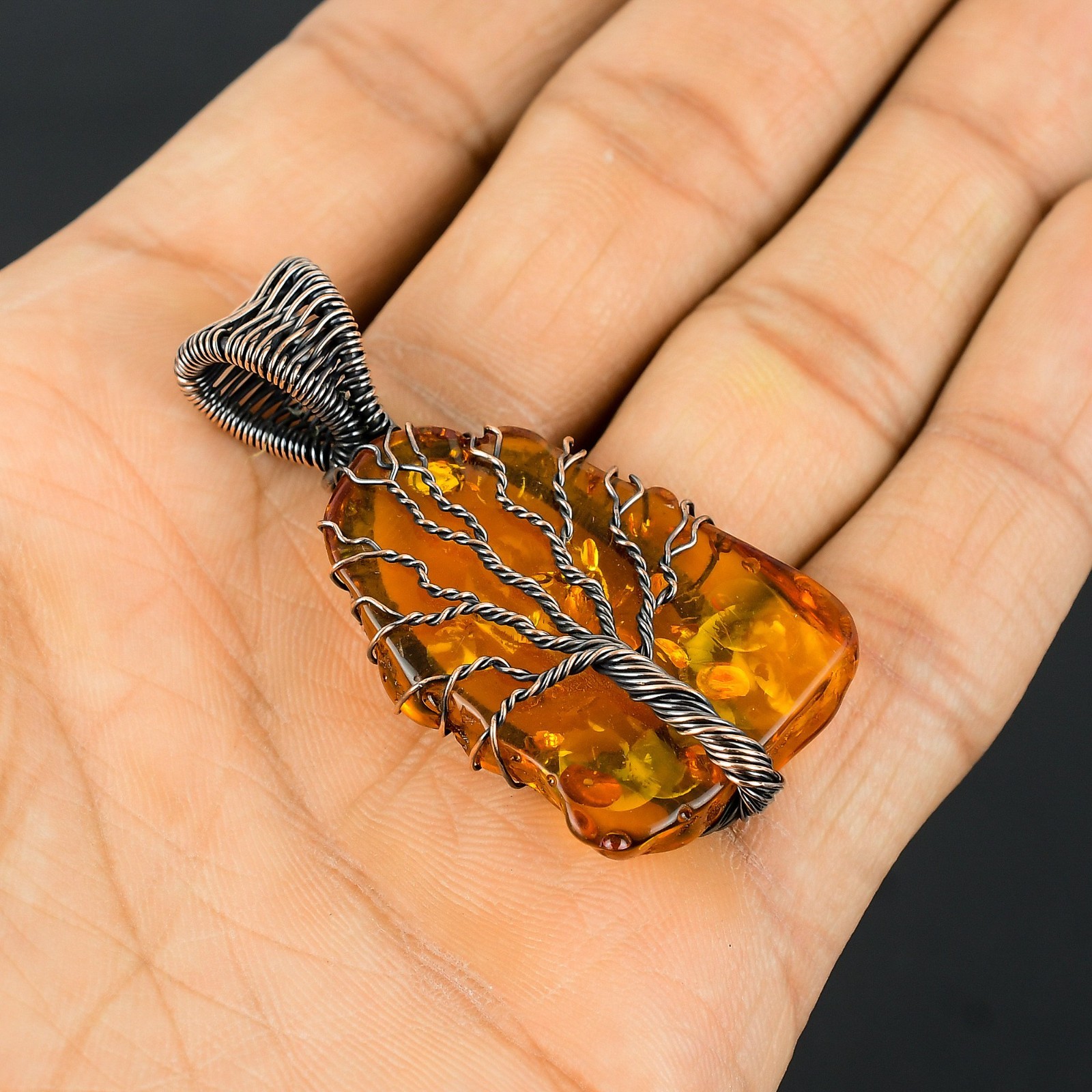 Baltic Amber Handmade Gemstones Copper Wire Wrap Tree of Life Jewelry Pendant