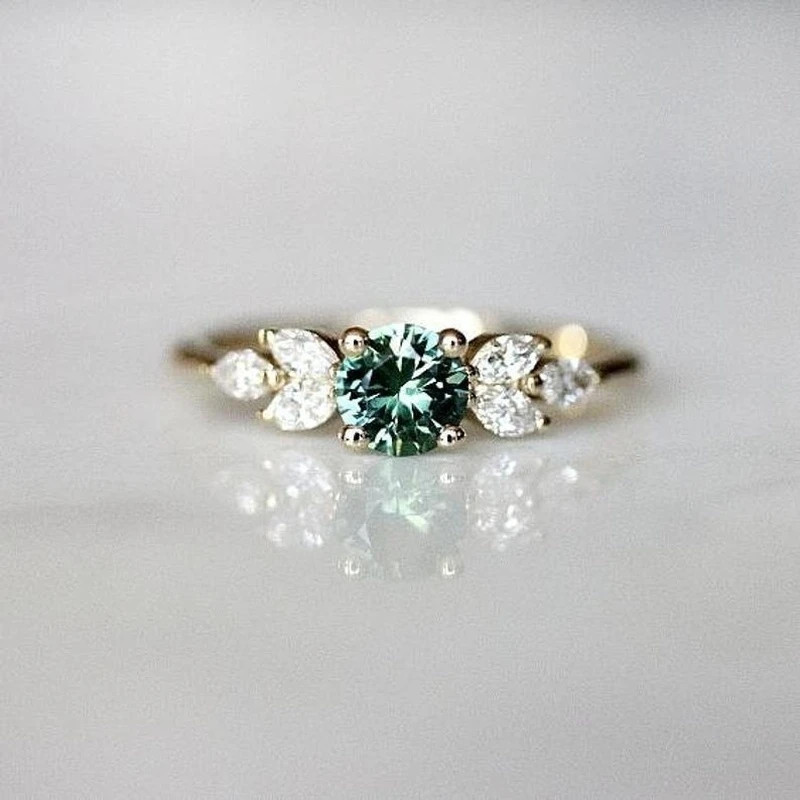 Classic Gold Color Ring for Women Gorgeous Metal Green Inlaid Stones Flower
