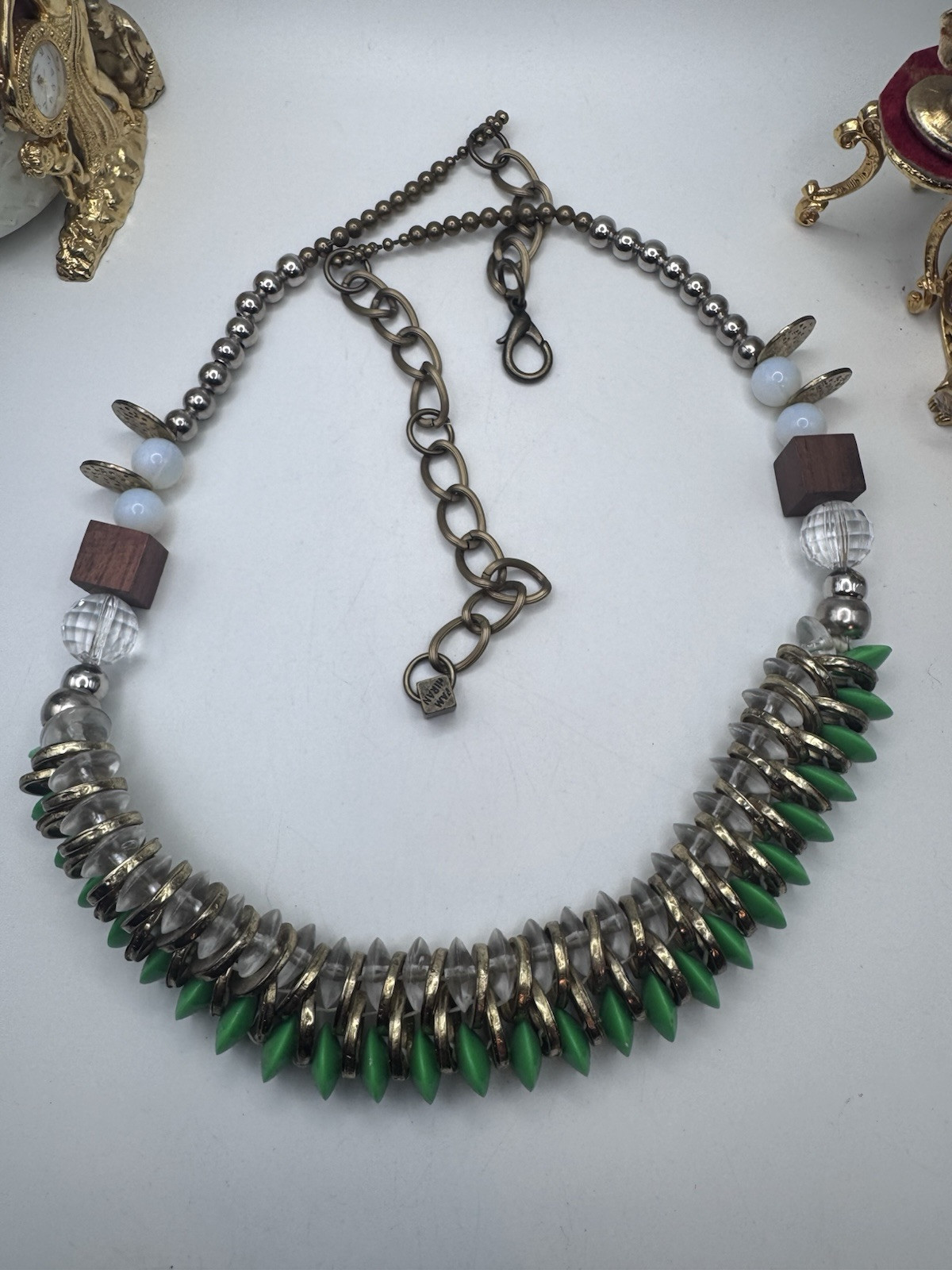 Pam Hiran Coil & Beads Necklace Green-Clear Glass & Gold Beads Whit Silver Chain
