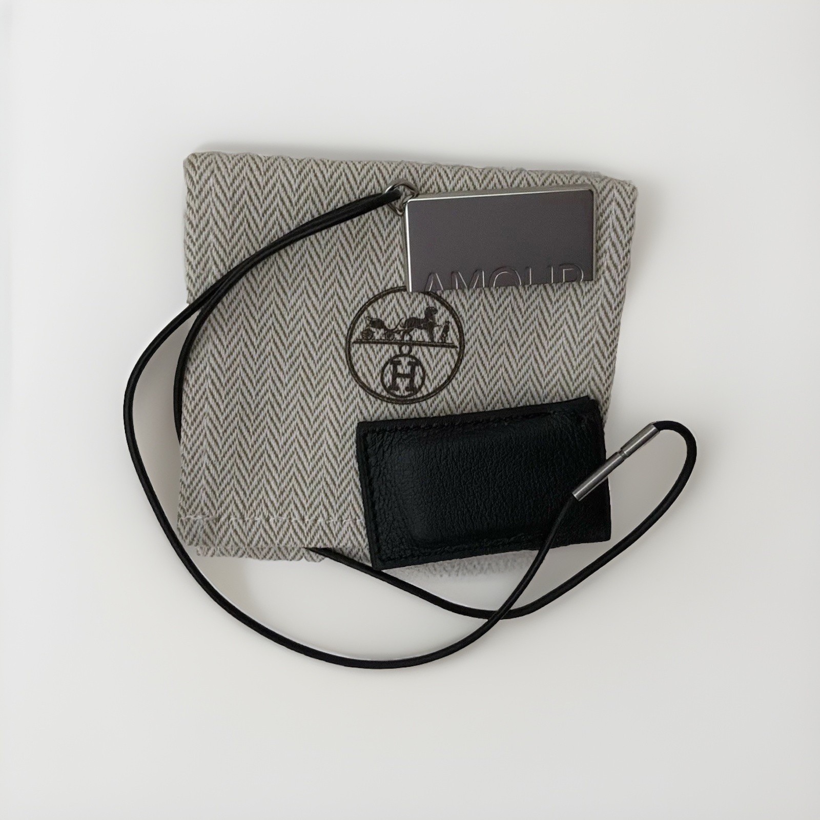 HERMÈS Pendant Symbol Amour Necklace Silver Tone Leather Cord With Dust Bag