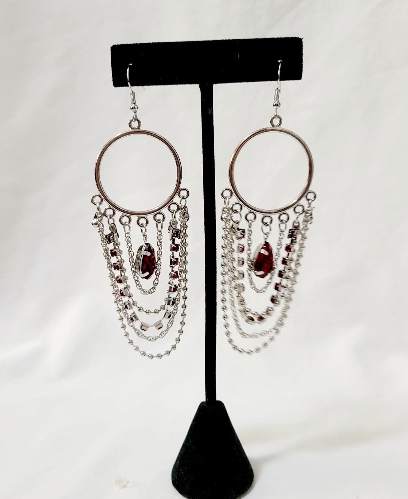 Paparazzi Silver Hoop Dangle Earrings Red Simulated Rhinestone Chain Fringe