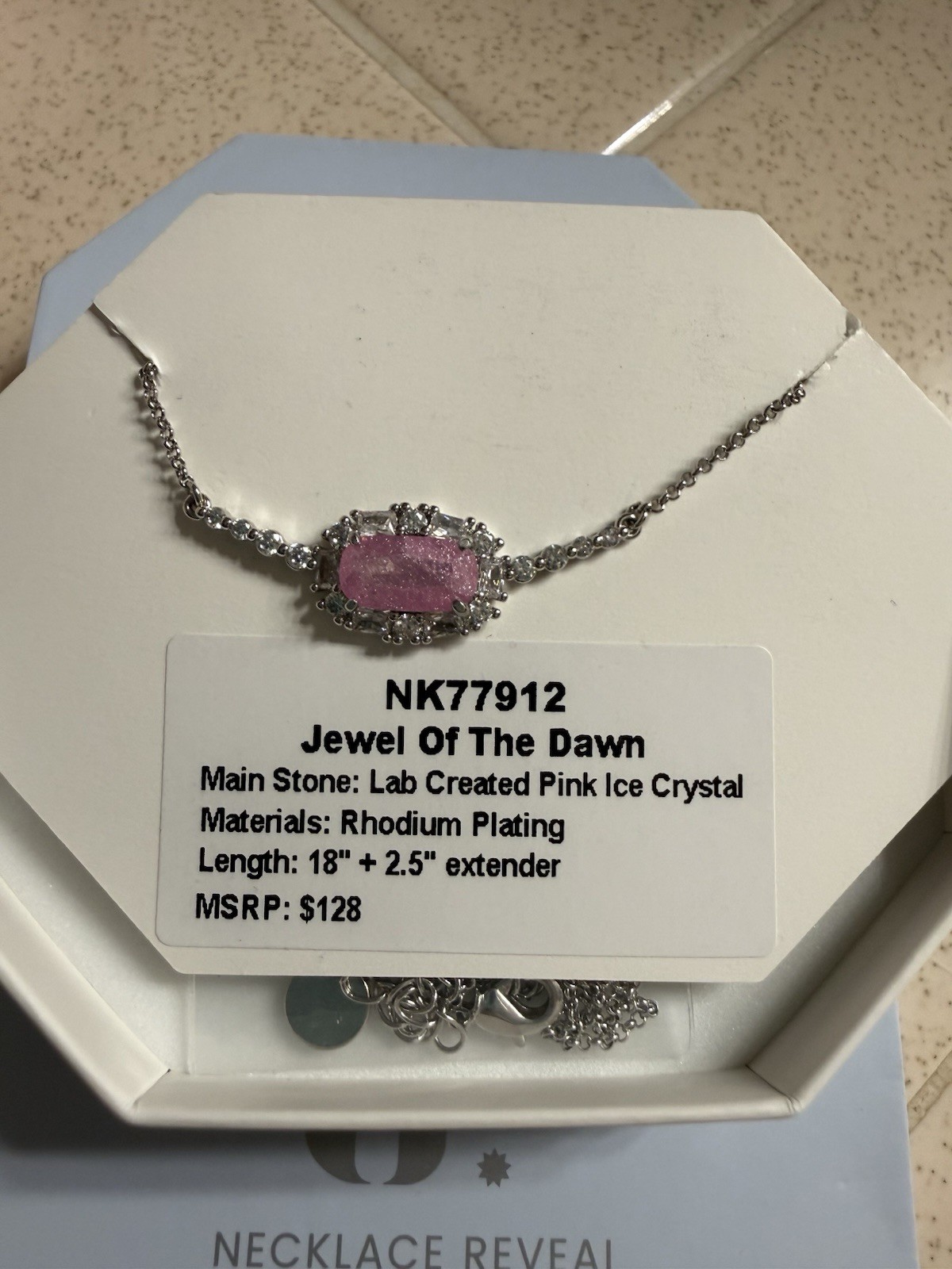 Lab-Created Pink Ice Crystal Pendant Necklace Rhodium Plated 18″+2.5″ Extender
