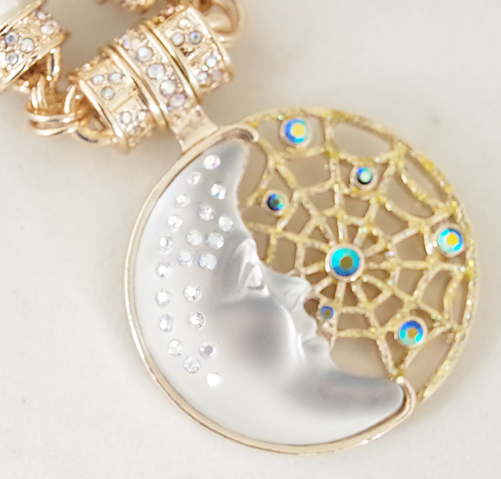 KIRKS FOLLY AB CRYSTAL RHINESTONE WHITE MOON/ DREAM CATCHER ENHANCER NECKLACE