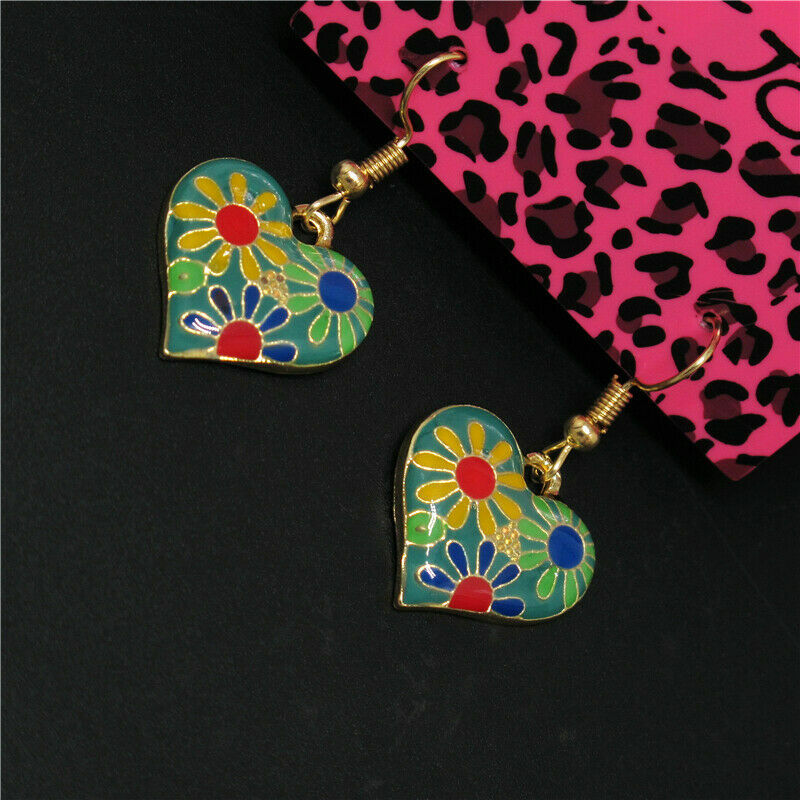 Cute Gold Green Multicolor Enamel Flower Heart Charm Hook Dangle Drop Earrings