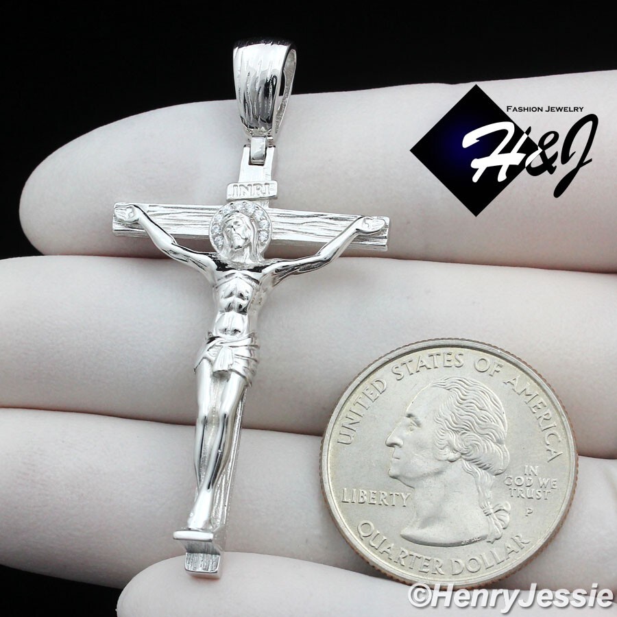 MEN WOMEN SOLID 925 STERLING SILVER CZ JESUS CHRIST CROSS CRUCIFIX PENDANT*SP423