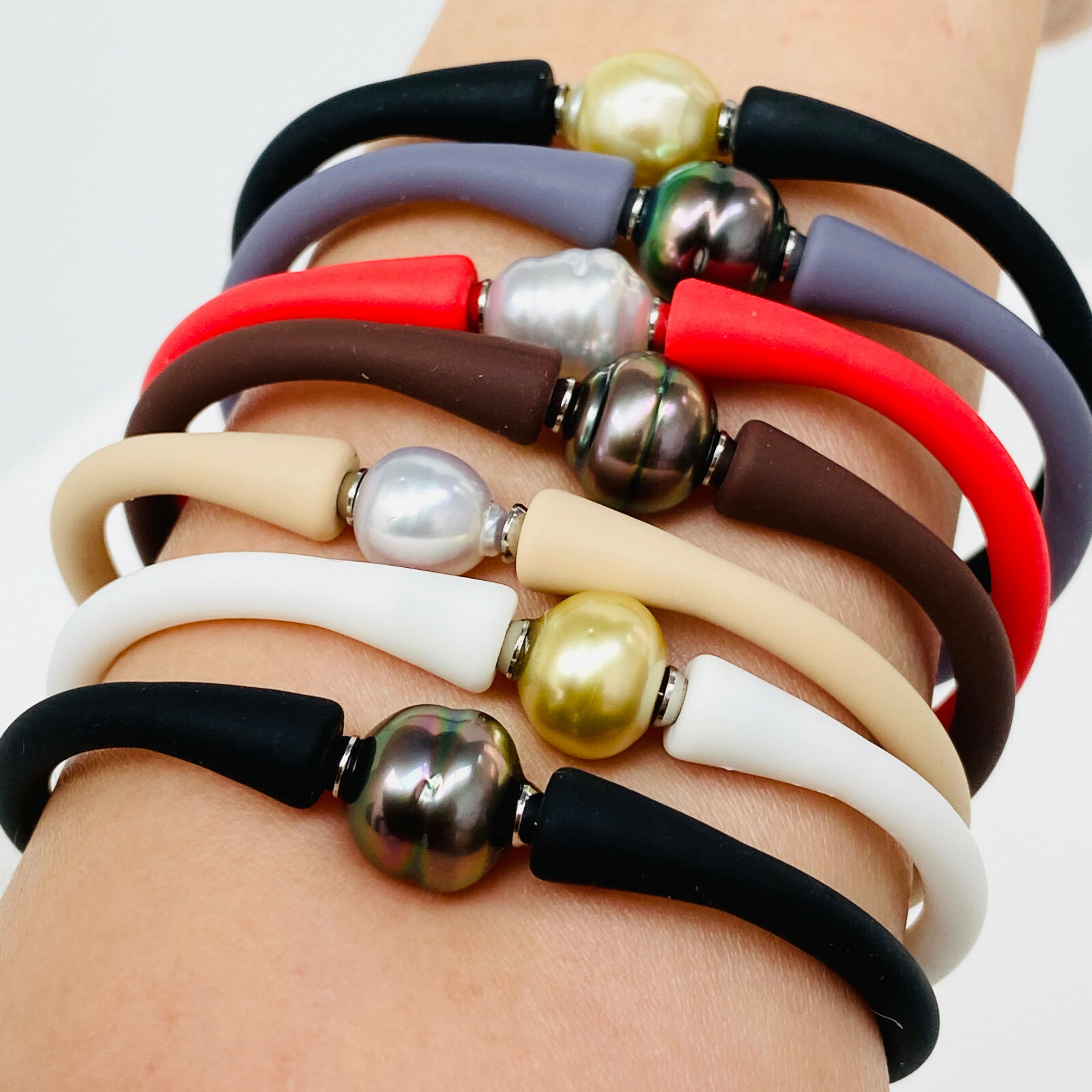 Tahitian South Sea Pearl Silicone Rubber Bracelet Bangle Elastic Assorted Colors