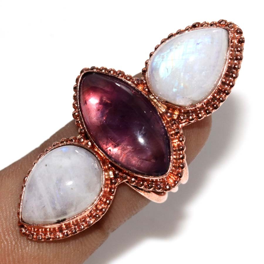 Copper Plated Long Natural Amethyst Three-Stone Rainbow Moonstone Ring US 5.5 GW