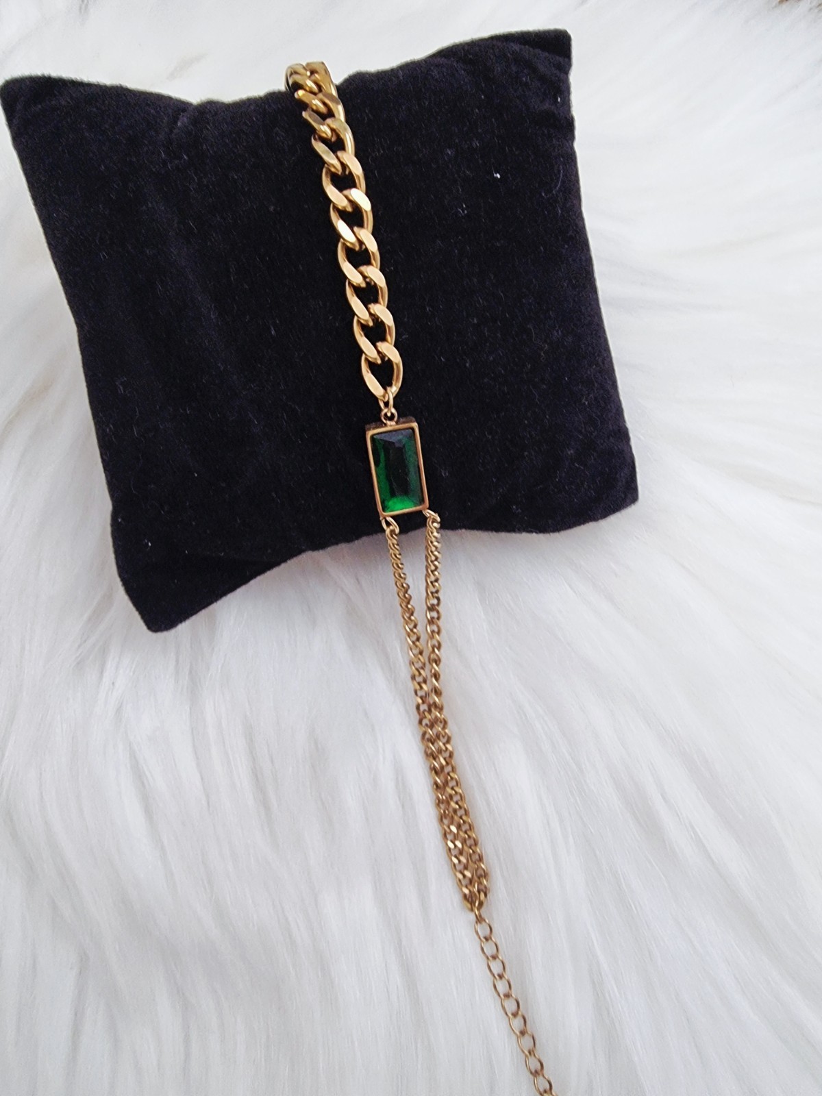 Woman’s Stainless Steel Gold Colour Green Crystal Cubin Link Bracelet 22cm Long