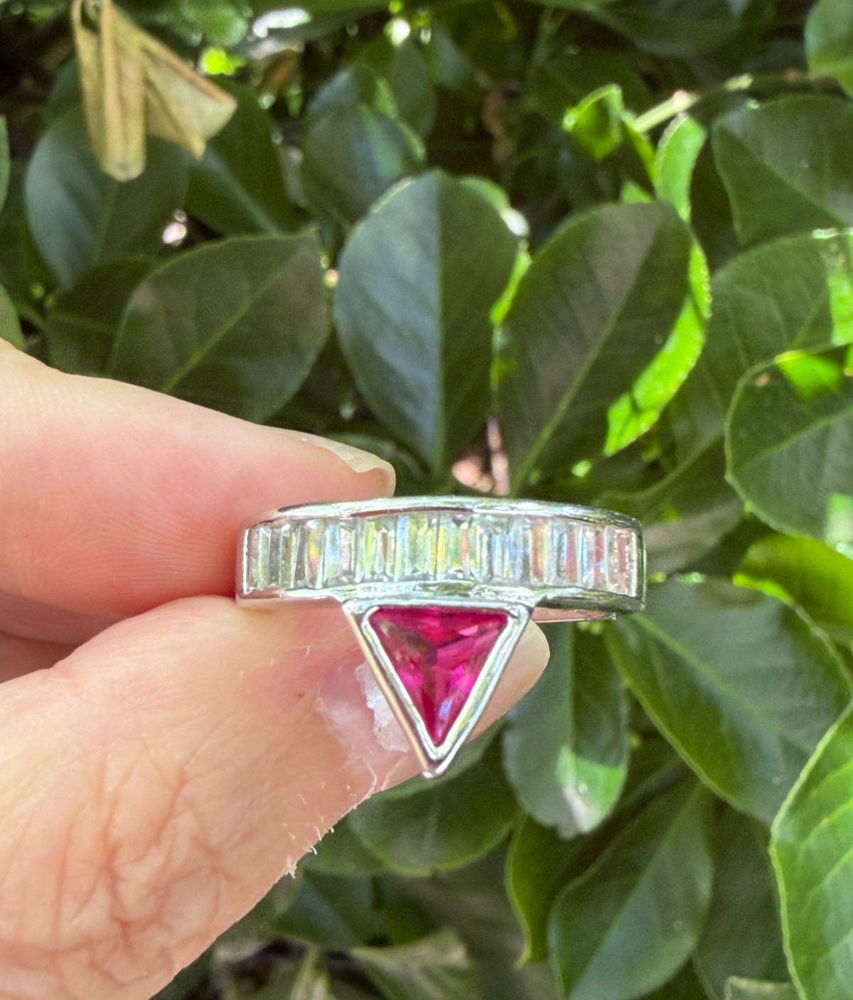 SYNTHETIC RUBY / PINK SAPPHIRE BAGUETTE RHINESTONES GEOMETRIC RING SILVER TONE