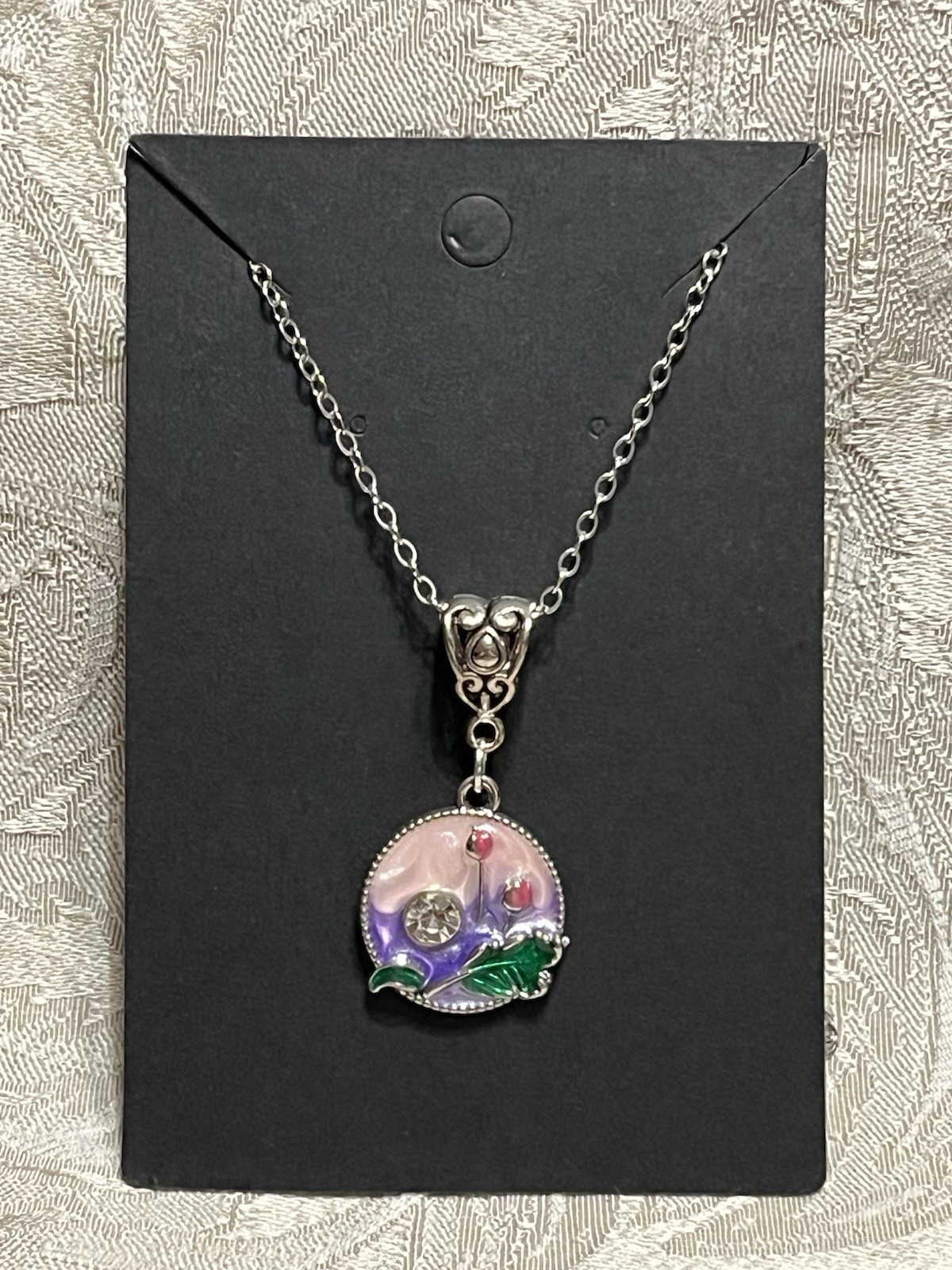 Retro Floral Gem Enamel Pendant Silver 18” Necklace Bohemian Floral Novelty