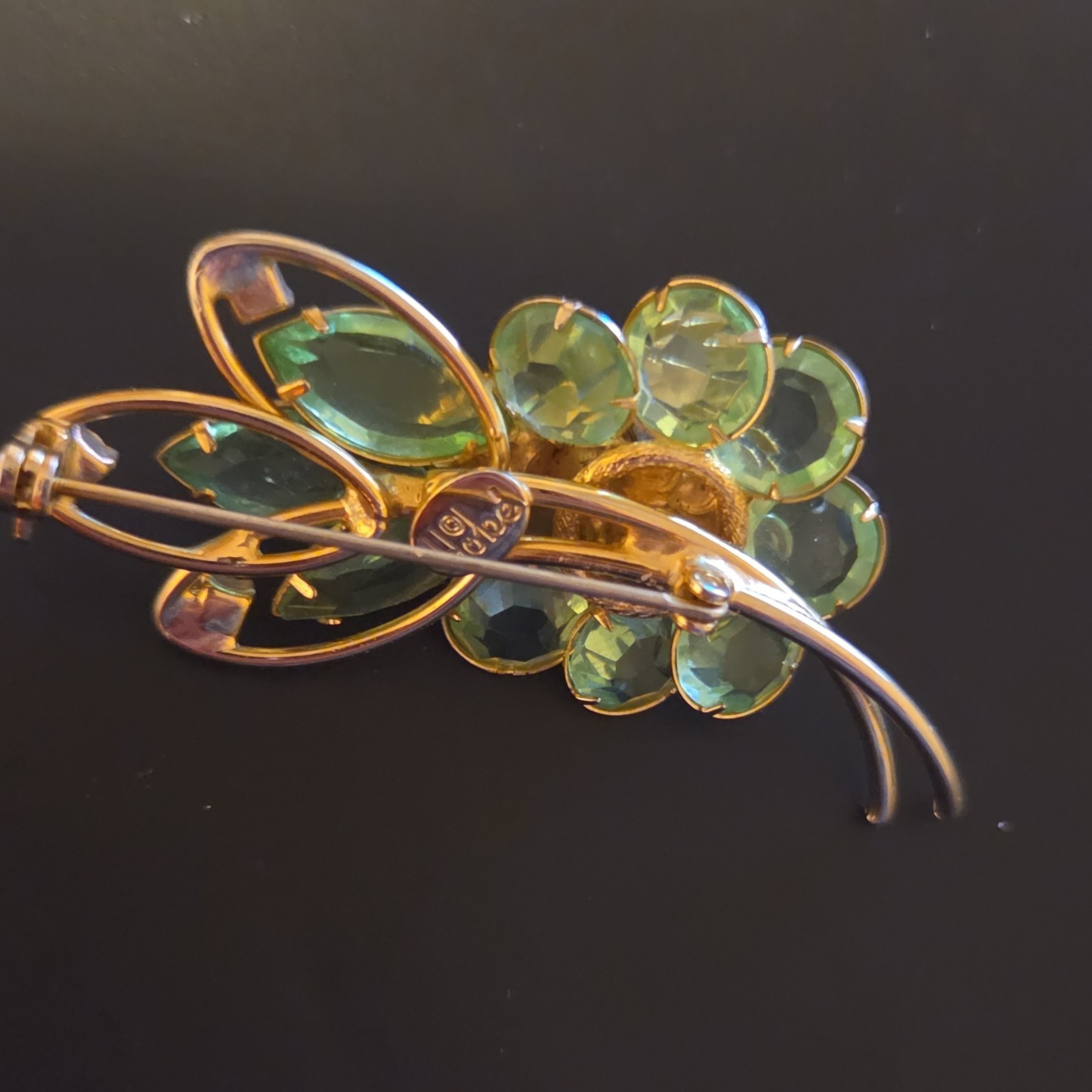 1950 Vintage Signed Hobe Floral Brooch Pin , Green Art Glass Wire Rose