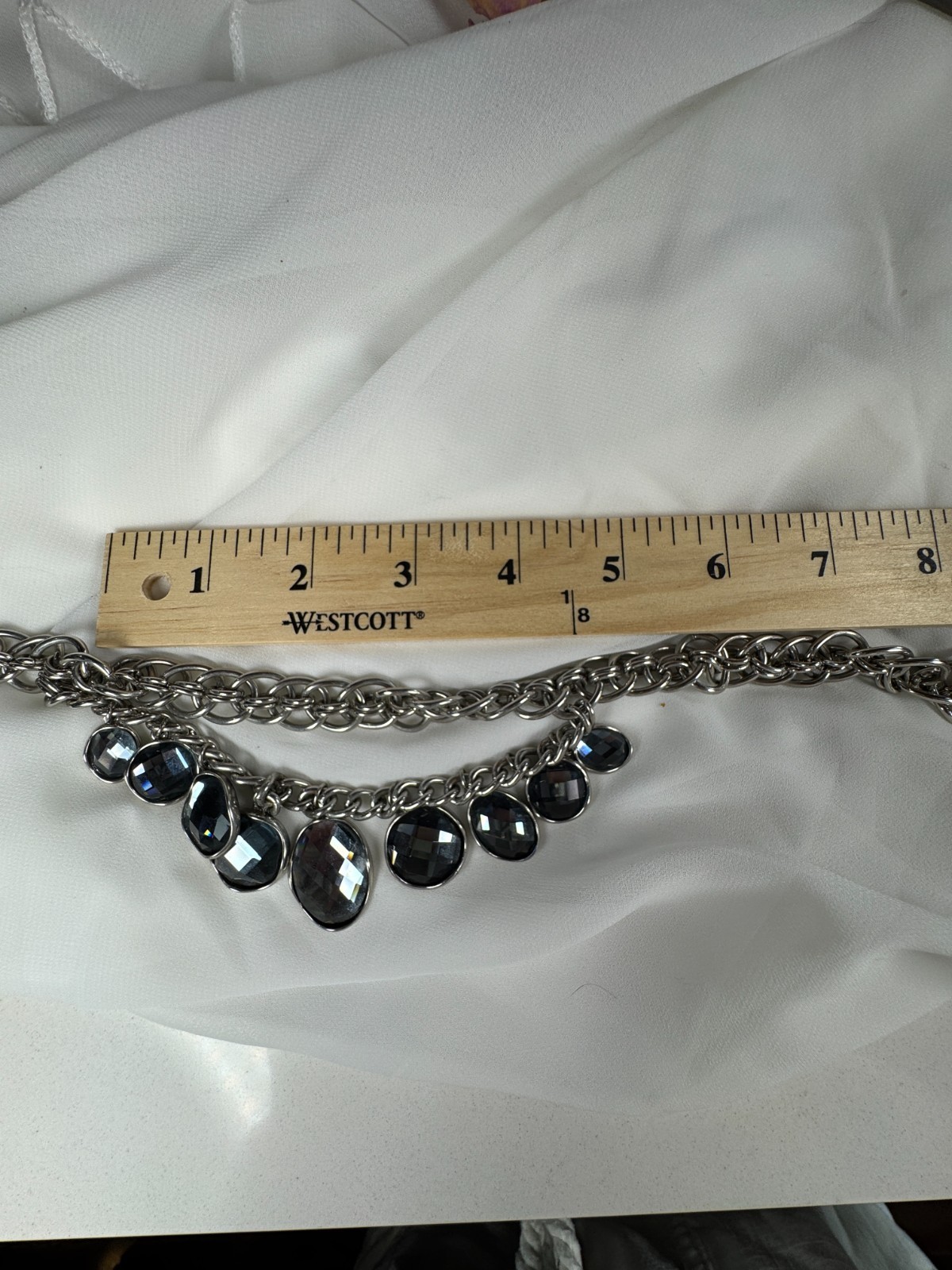 Chunky Silver Tone Chain Necklace Faceted Gray Glass Crystal Statement Bib Neckl