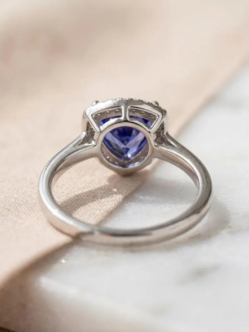 Tanzanite Trillion Cut Lab-Grown Ring 925 Sterling Silver Halo Statement Jewelry