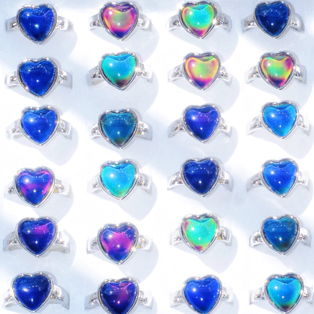 Wholesale 30 Heart Mood Rings Mix Women Silver Plated Change Color Finger Charms