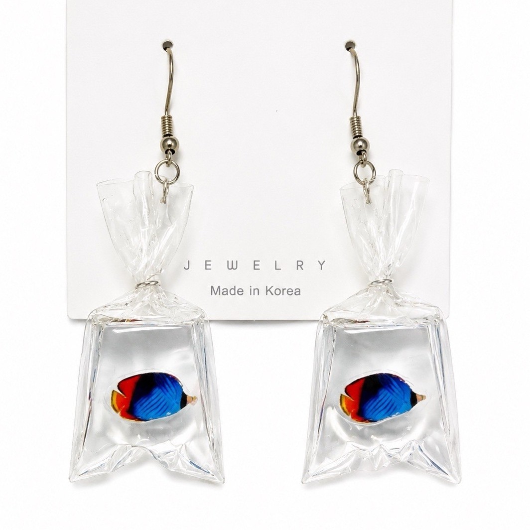 Novelty Tropical Fish in Bag Dangle Earrings