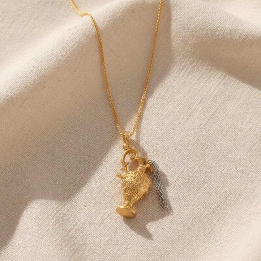 Museum Amphora Vase Medieval Necklace Chain Gold Antique VTG Boho Greek Tassel