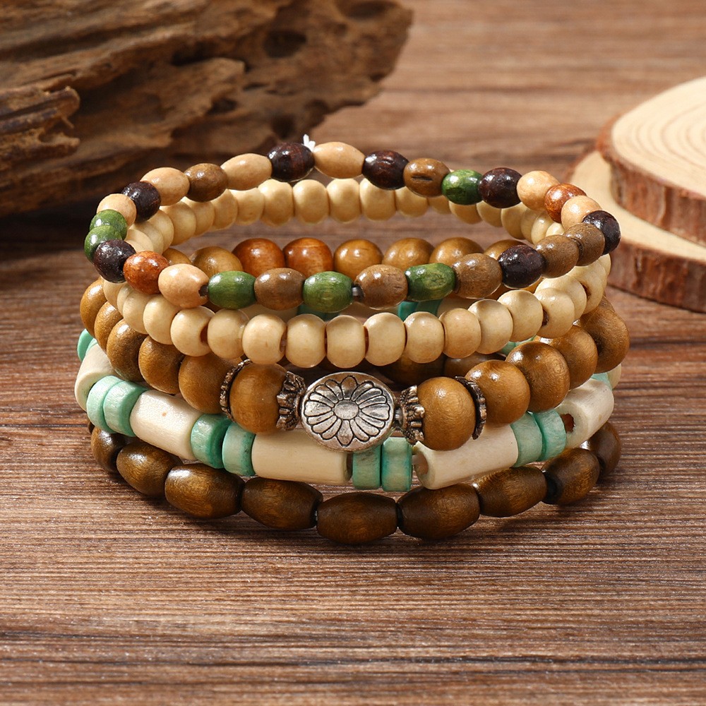 Bracelet For Men Retro Art Style Small Fresh Flower Multi-piece Set Of Wood