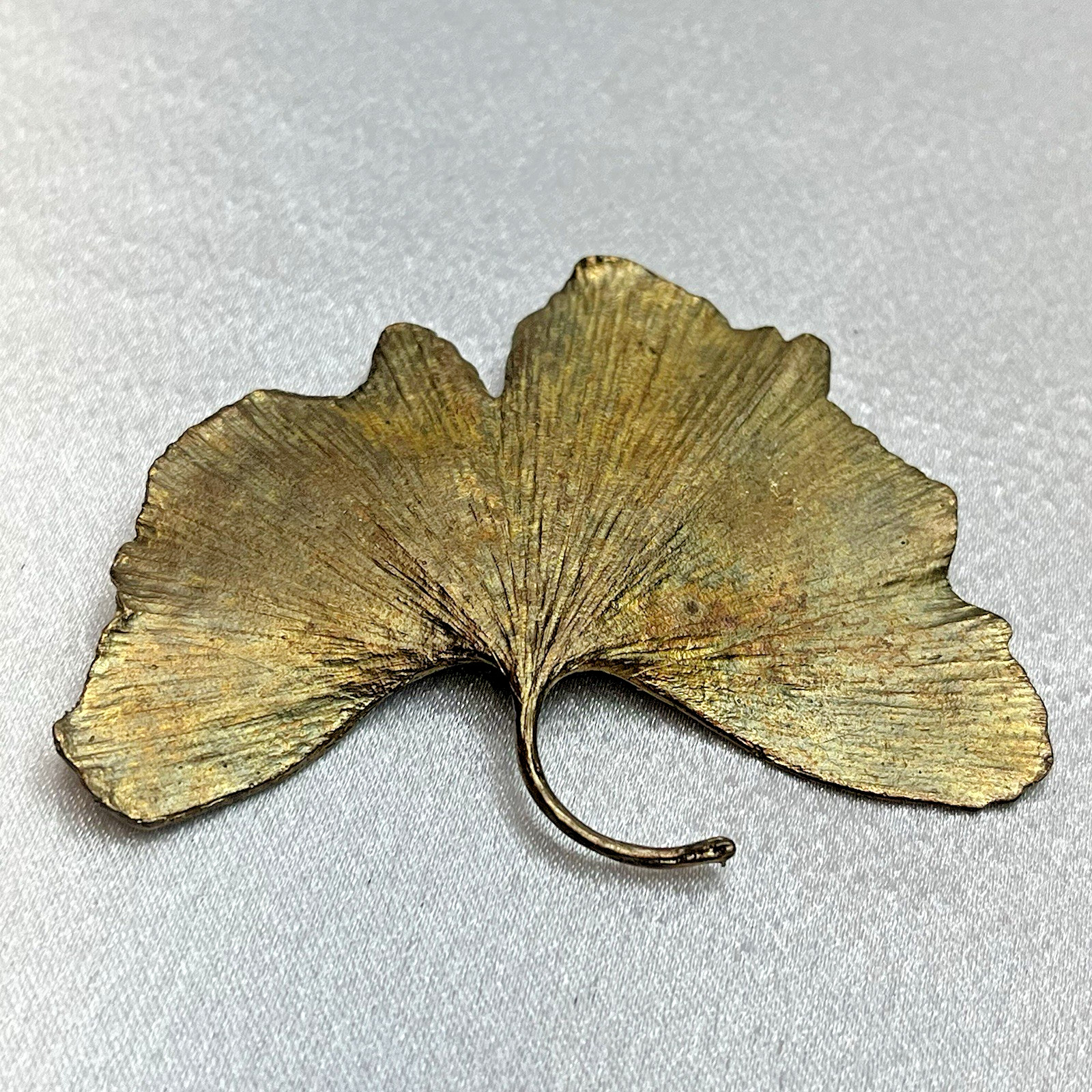Botanical Metal Ginkgo Leaf Brooch Pin Artisan Textured Metallic Finish Unsigned