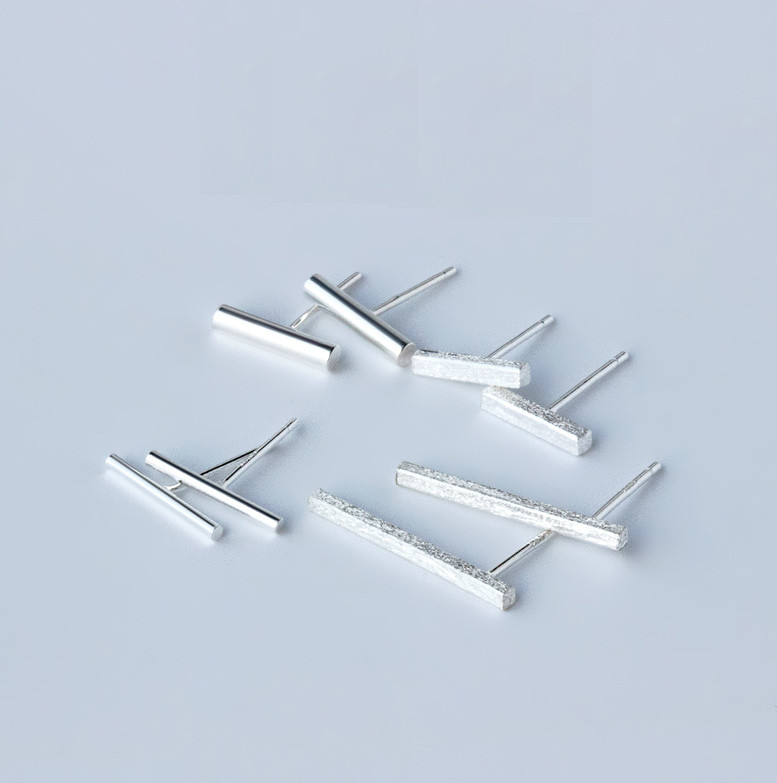 S925 Sterling Silver Bar Round Square Stick Line Stud Earrings Minimalist PE18
