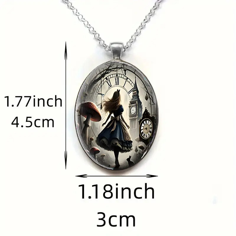 Alice In Wonderland Oval Jewelry Silvery Magical Gothic Clock Pendant Necklace