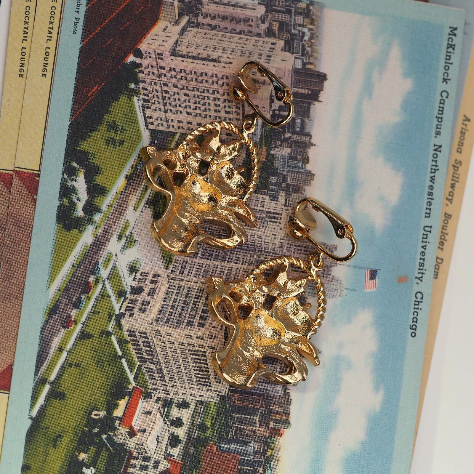 Vintage Avon Fruit Basket Clip-On Earrings Gold Tone Enamel Cherry Grape