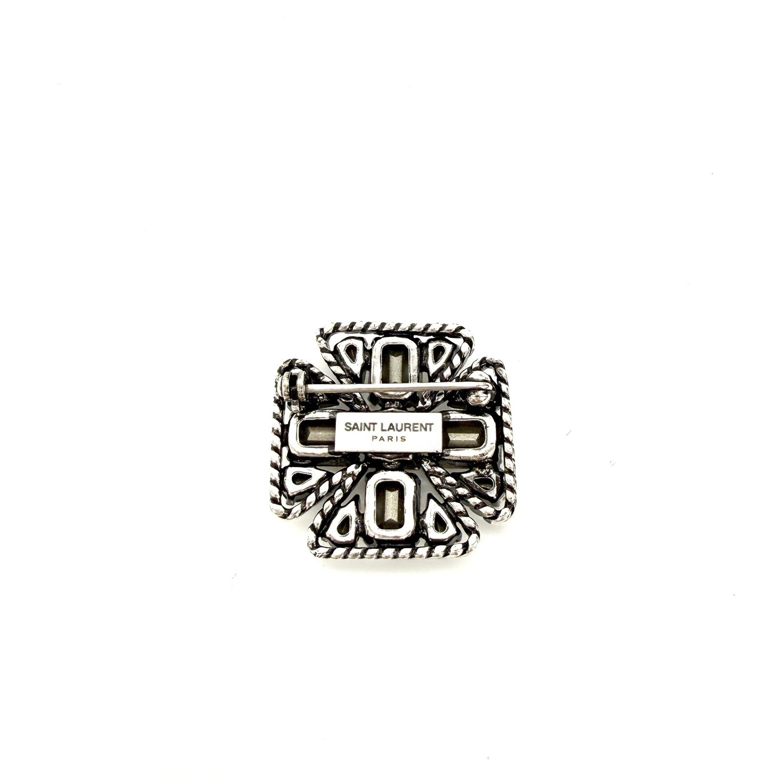 NIB YSL Saint Laurent Cross Croix Crystal and Metal Brooch in Silver Unisex $650