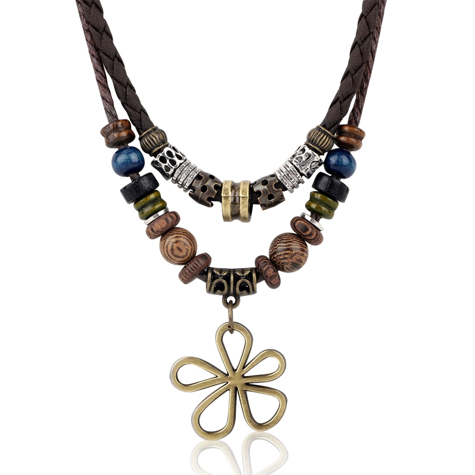Multi Layer Boho Wood Bead Necklace Brown Bohemian Hollow Pendant Jewelry Gift