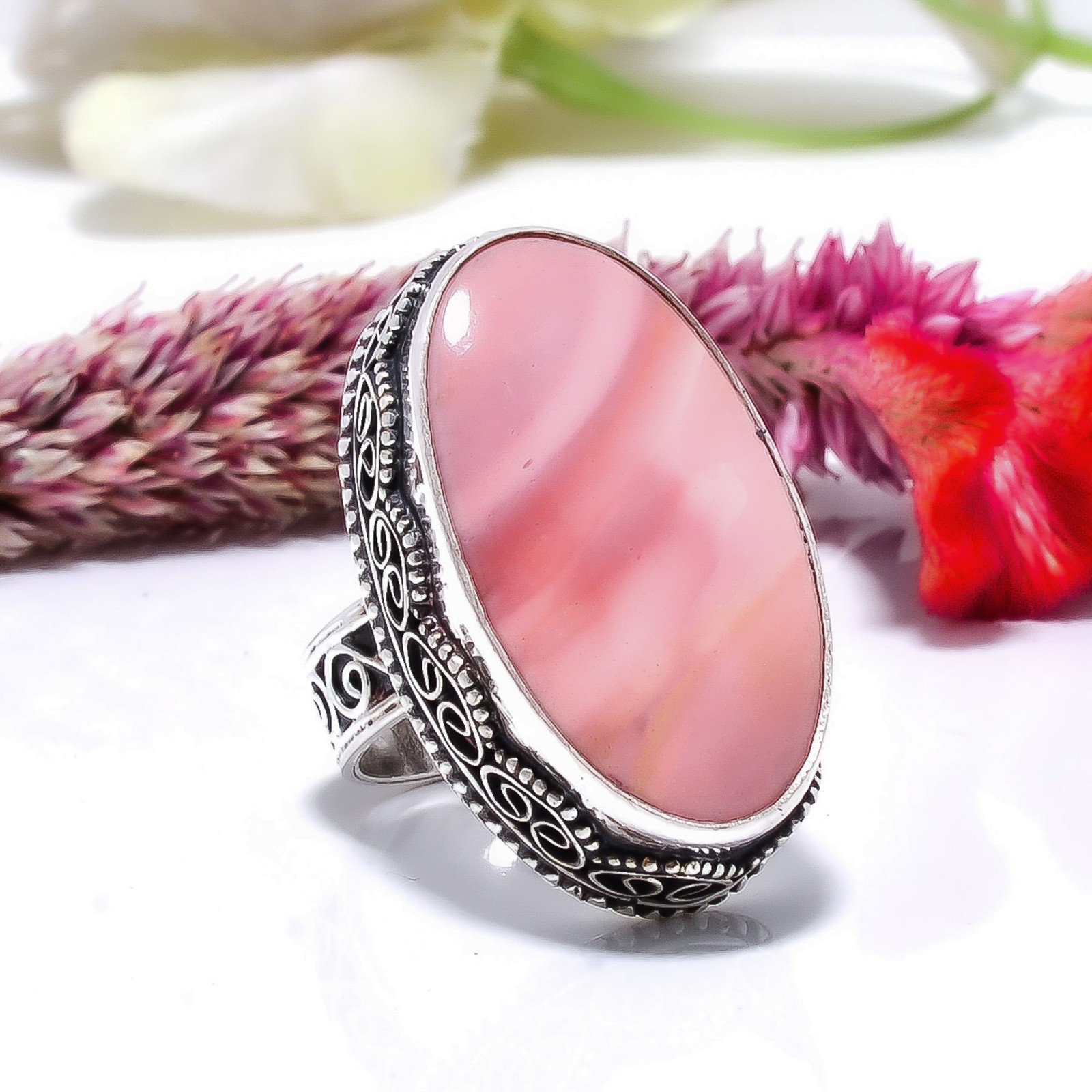 Pink Opal – Peru Fine Art Oxidised 925 Sterling Silver Ring S.6 R115331
