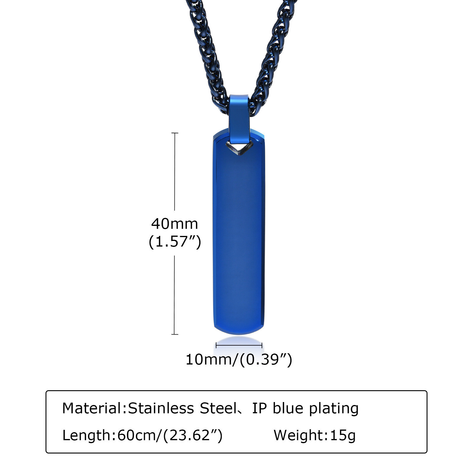Men Blue Rectangular Bar Necklace Stainless Steel Simple Pendant Wheat Chain 24′