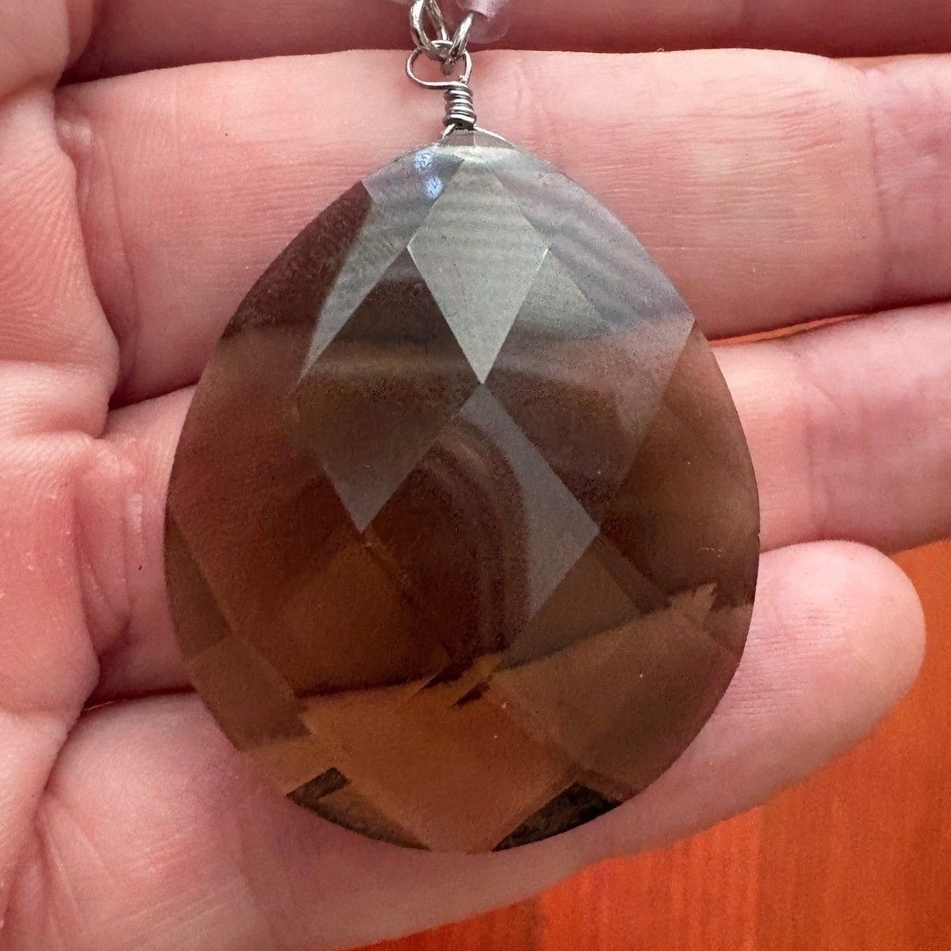 Boho Smoky Brown Faceted Teardrop Pendant Necklace Purple Beaded Silver Chain