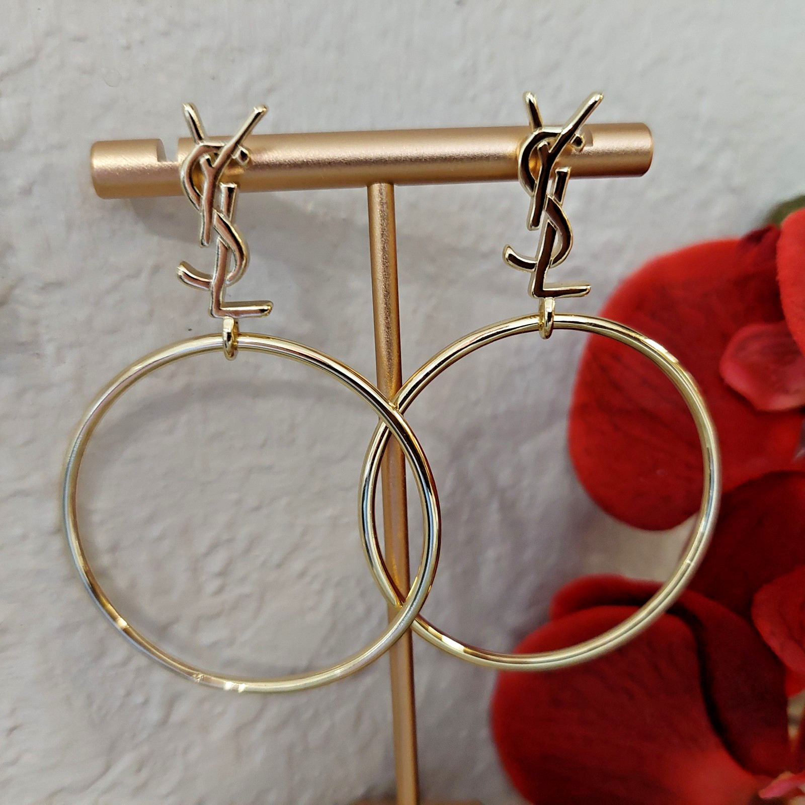 Auth. YVES SAINT LAURENT YSL Large Dangle HOOP EARRINGS Gold Logo