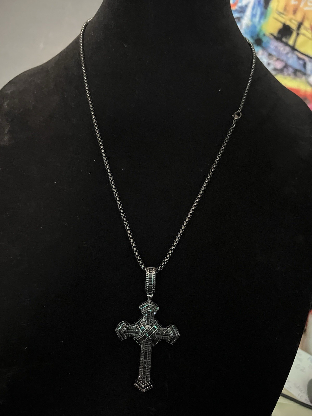 22” black plated bead chain with 5A cz cross pendant iced out