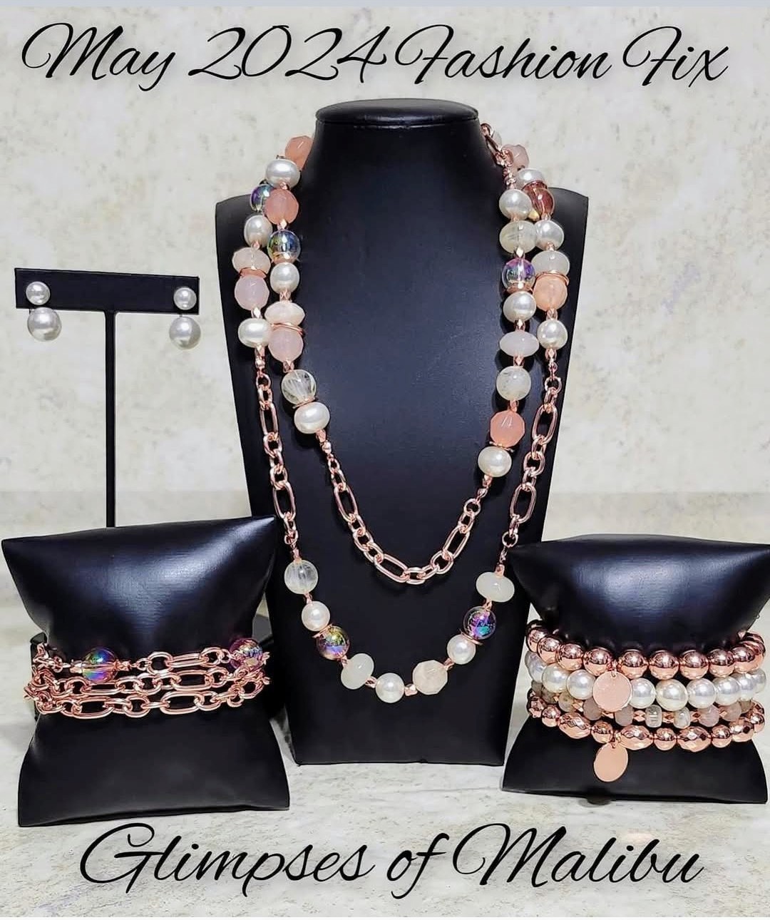 Rose Gold Plated Beaded Jewelry Set Butterfly Necklace Bracelet Earrings Ring