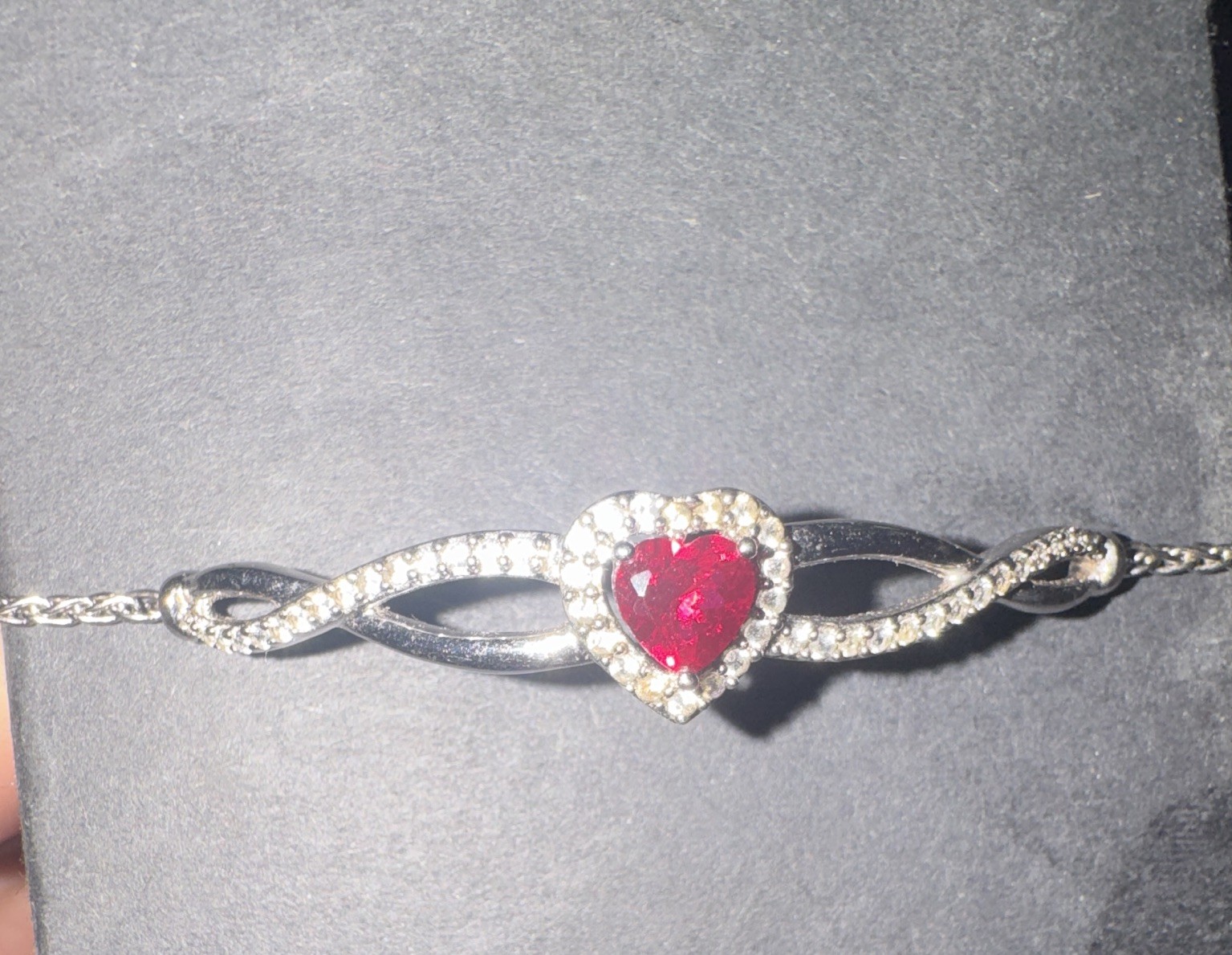 Kay Jewlers Silver-Tone Rope Chain Bracelet Slide Closure Red Heart Crystal