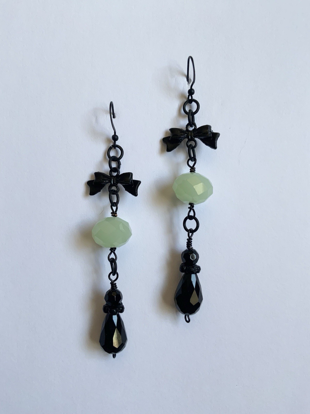 Black & Green Glass Beaded Dangle/Drop Earrings, Hook, Metal, Bow Theme