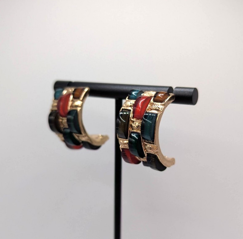 Green Blue Red Shiny Gold-tone Partial Hoop Post Stud Earrings