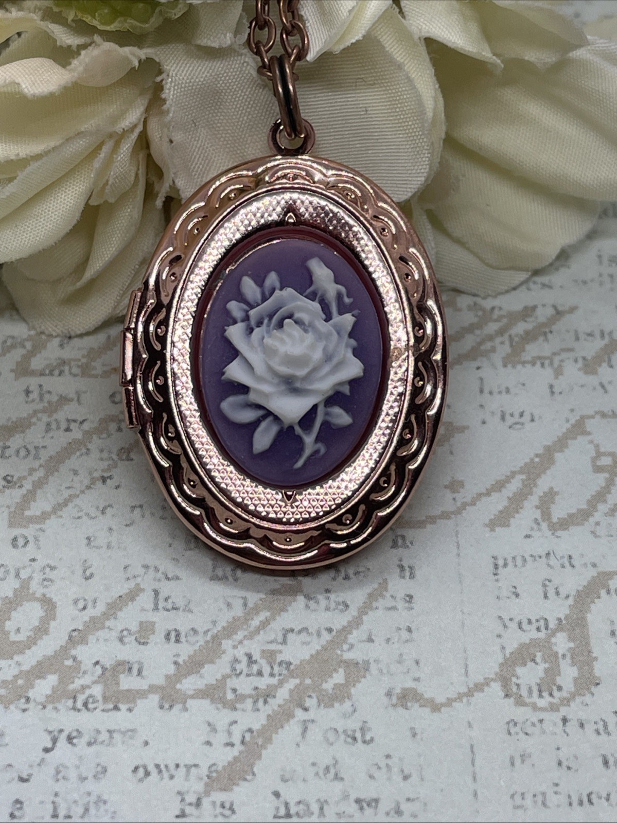 Dainty Rose Gold Locket Cameo Purple Whit Wedding Jewelry Gift Birthday Necklace