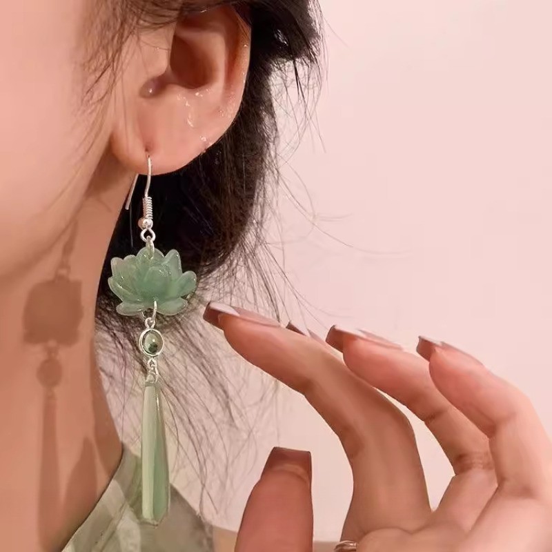 1Pair Exquisite Lotus Jade Tassel Earrings Hanfu Earrings Pendants Accessories