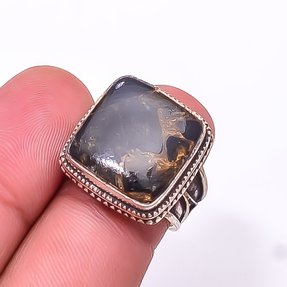 Copper Black Obsidian Gemstone 925 Sterling Silver Bali Ring S.6 R_9512_421_64