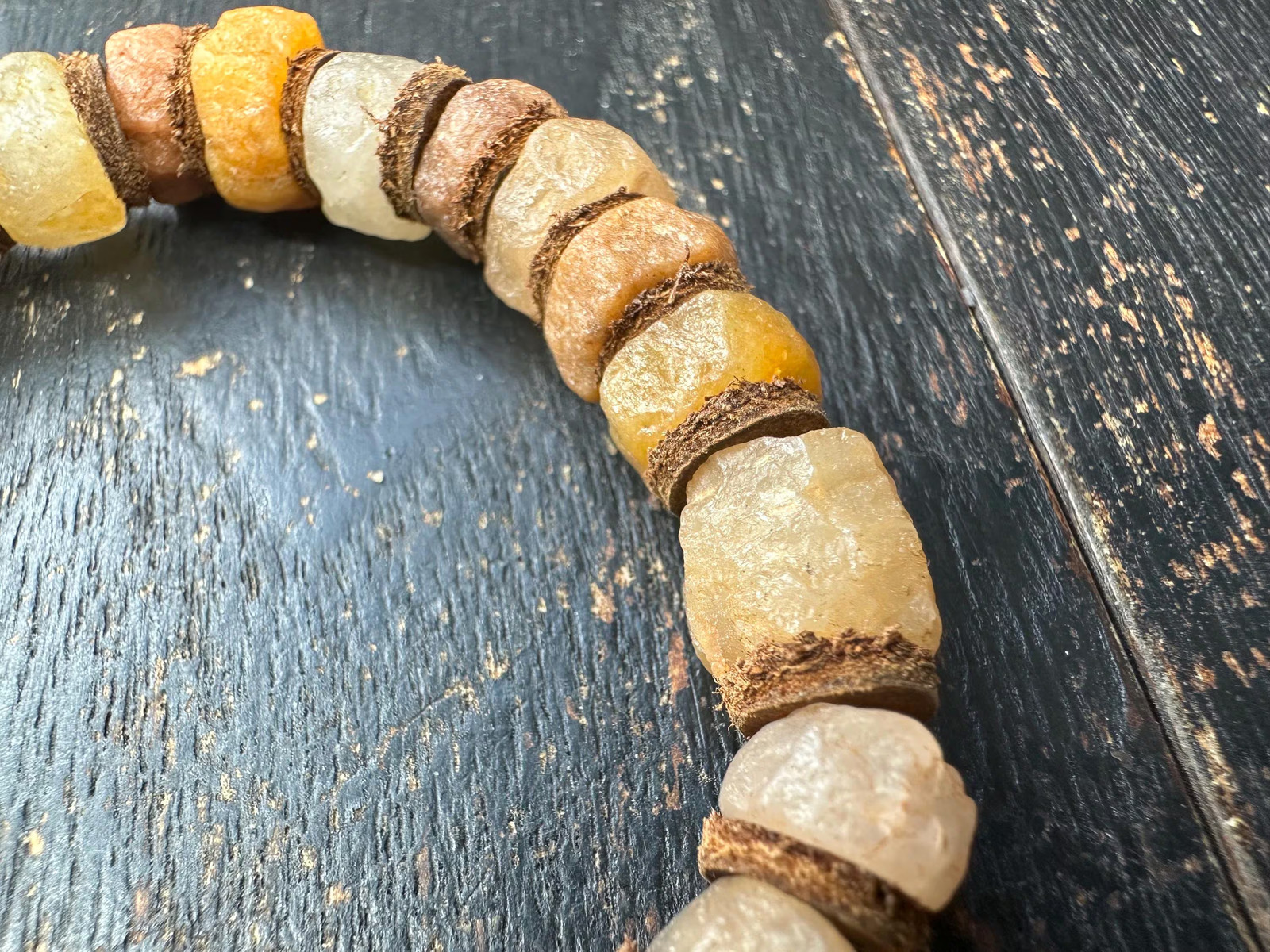 Ancient Mali Quartz Disk Bead Bracelet – African Trade Beads with Leather Space