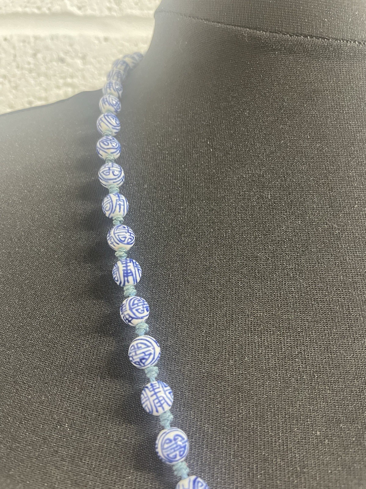 Vintage Chinese Blue &White Porcelain Hand Painted Beads Longevity Necklace