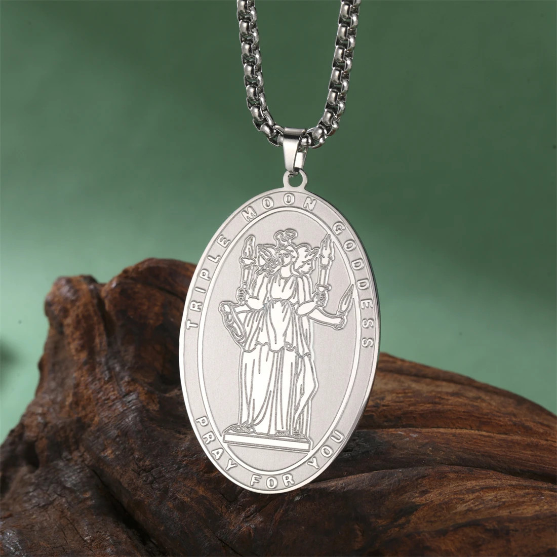 Stainless Steel Triple Moon Goddess Pendant Necklace Wheel of Hecate Amulet Gift
