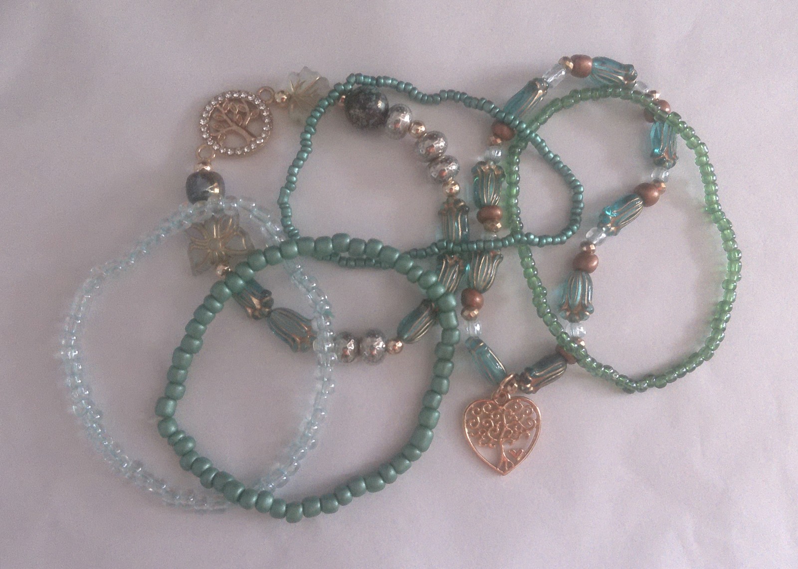 New Set of 6 Assorted Beaded Bracelets Shades of Seafoam Green All Occasions