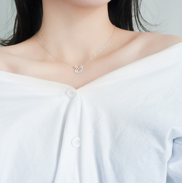 Women Girl 925 Sterling Silver Pink crystal swan pendant chain necklace gift E21